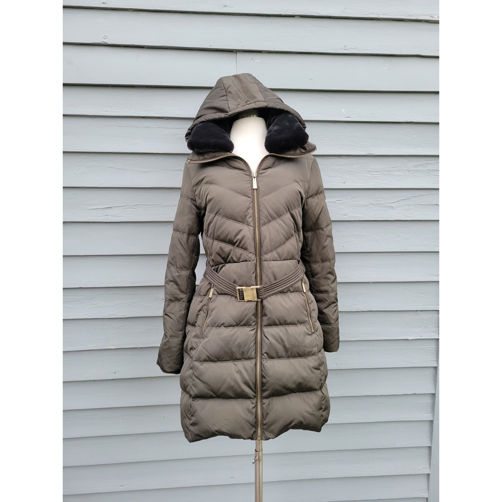 Michael Kors Puffer‎ Coat Olive Green Hooded Faux Fur Belted Down Jacket Medium